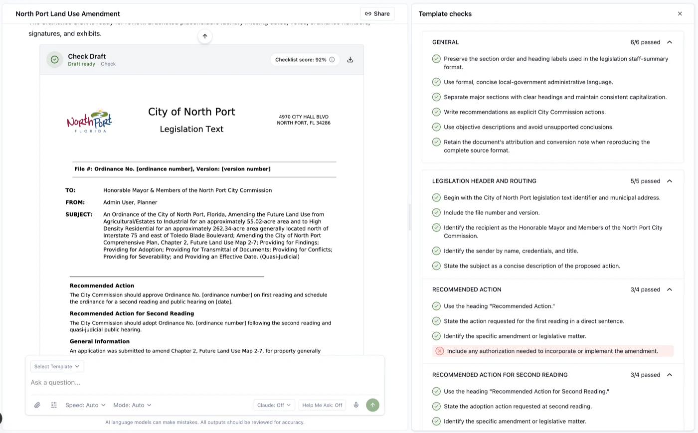 A legislation draft beside its template checks, with passed rules and one missing authorization flagged