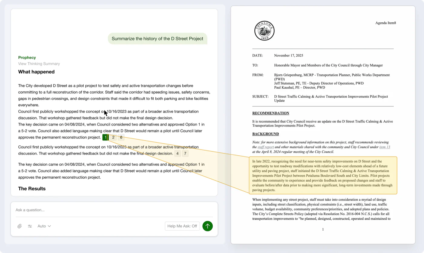 Prophecy answering a D Street Project history question with a cited summary beside the highlighted source memo